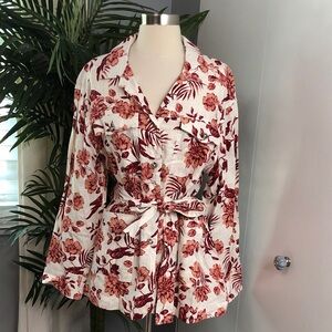 Rachel Zoe White and Rust Floral Tie-Waist Button-Front Shirt Jacket